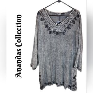 Amandas Collection Womens Tunic Cover Up Mini Dress Sz M Black-Gray Embroidered